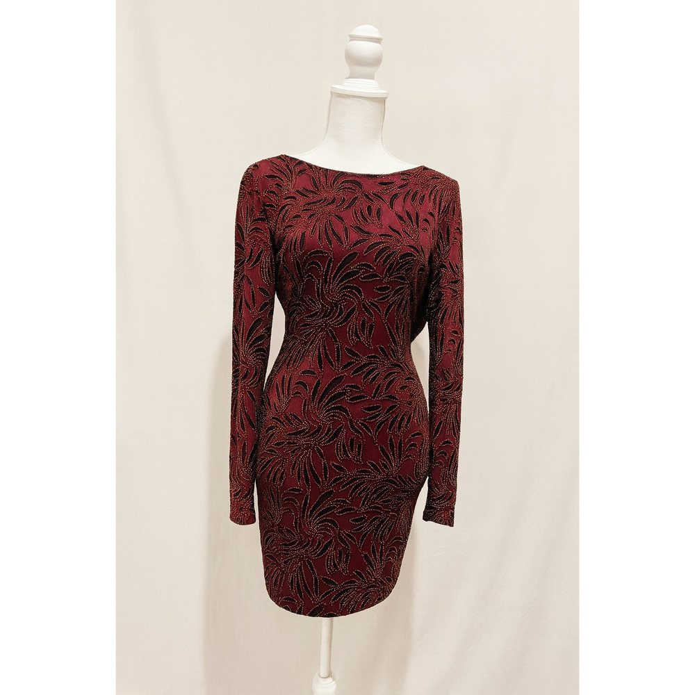 Windsor Burgundy Velvet Jeweled Mini Dress M Cowl Back  Bodycon Holiday Party